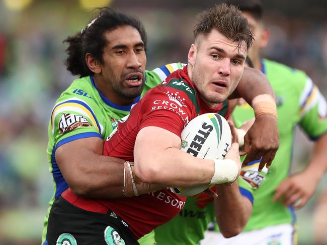 (L-R) Angus Crichton of the Rabbitohs and Iosia Soliola of the Raiders both had big games on the weekend. Picture: Getty Images