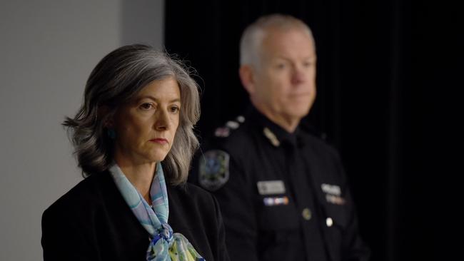 Chief Public Health Officer Professor Nicola Spurrier and Police Commissioner Grant Stevens. Picture: NCA NewsWire / Naomi Jellicoe