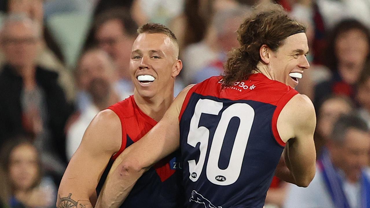 Ben Brown celebrates scoring a goal against the Western Bulldogs in round 1.