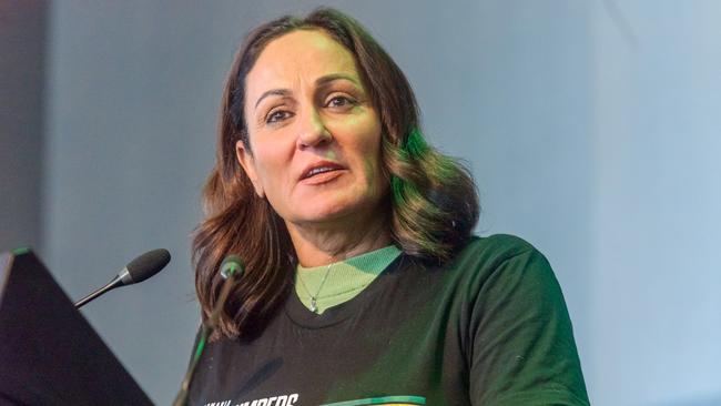 DEVONPORT, AUSTRALIA - APRIL 07: Jackjumpers CEO Christine Finnegan speaks with fans during the Tasmania Jackjumpers NBL Grand Final celebrations at on April 07, 2024 in Devonport, Australia. (Photo by Simon Sturzaker/Getty Images)