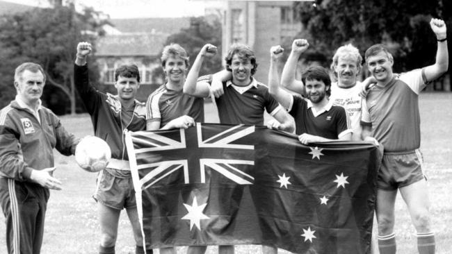 Australian coach Frank Arok with Socceroos players Tommy McCulloch, Robbie Dunn, David Mitchell, Joe Watson, Ken Murphy and assistant coach Eddie Thomson during a training session in Sydney in 1985.