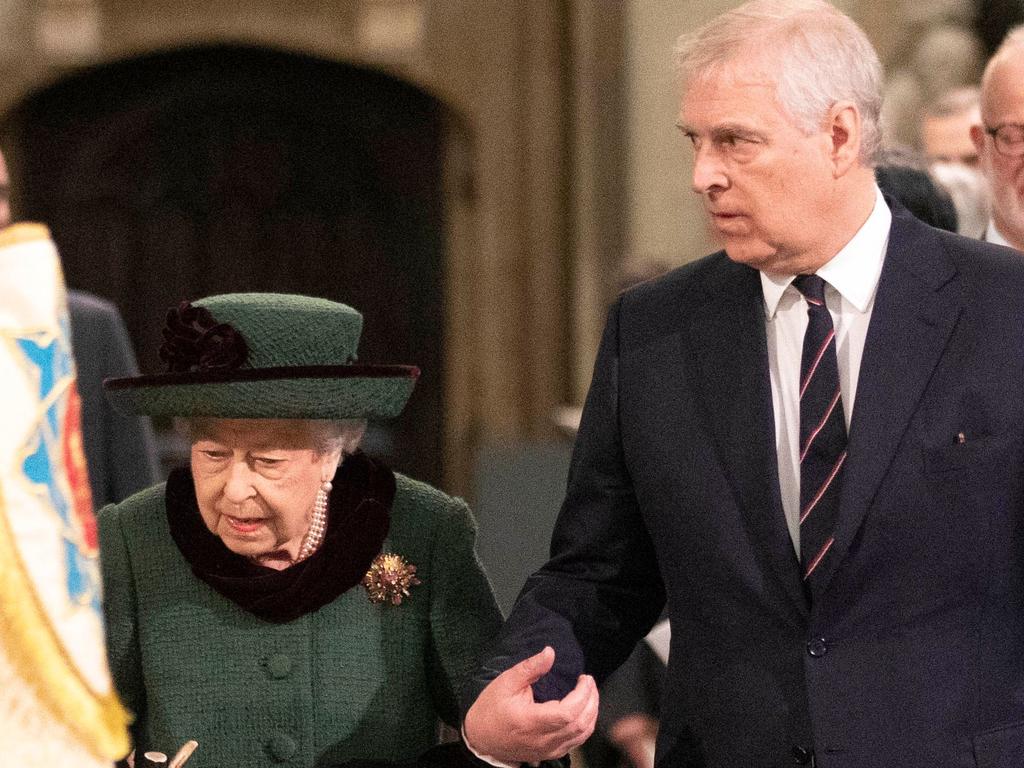 Queen Elizabeth II (L) and Prince Andrew, Duke of York, arrive to attend a Service of Thanksgiving for Prince Philip, Duke of Edinburgh, at Westminster Abbey. Picture: AFP