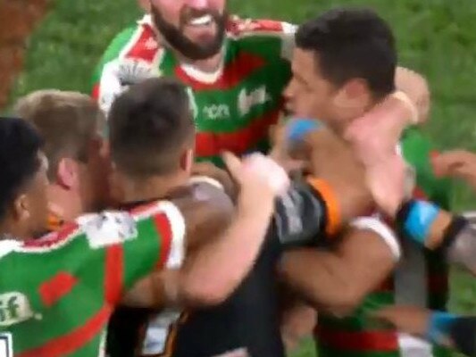 Luke Brooks and Dane Gagai were both sent to the sin bin after their on field brawl. Picture: Fox Sports.