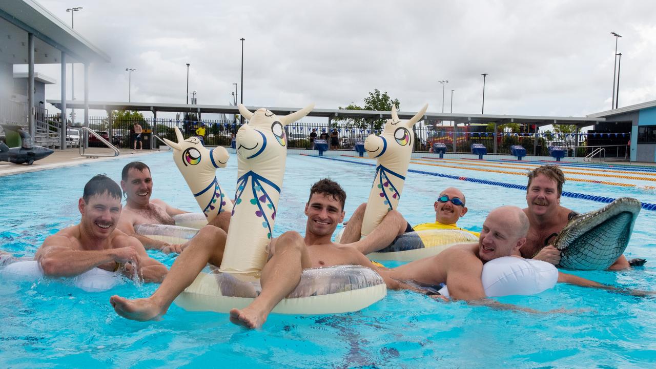 Linden Rosier, Cameron Kerr, Angus Jacobs, Carl Jackson, Tim Caris and John Campbell at the Mackay Aquatic & Recreation Complex for the Fire and Rescue Service Movember event. Picture: Michaela Harlow