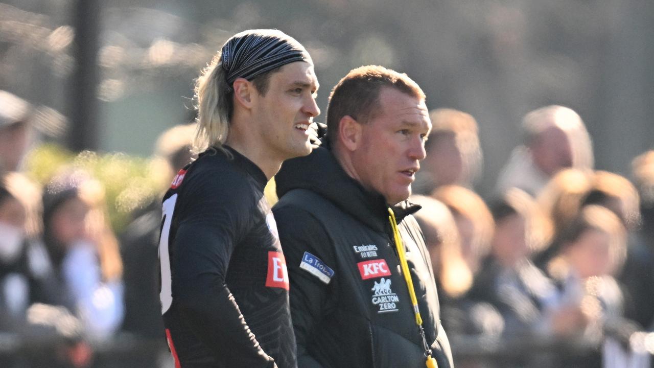 Darcy Moore and assistant coach Justin Leppitsch. Picture: Daniel Pockett/Getty Images