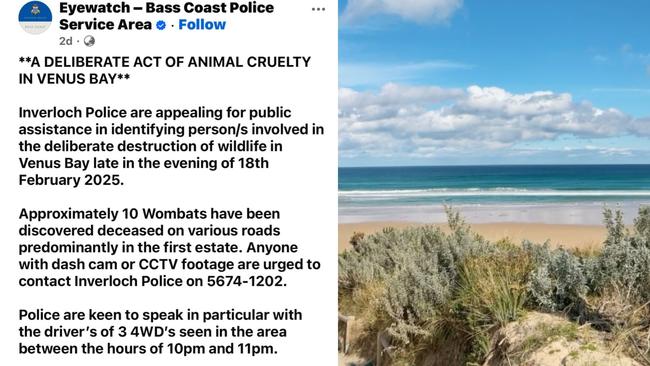 The community of Venus Bay in Victoria is reeling after a horrific act of animal cruelty. Picture: Facebook/Eyewatch – Bass Coast Police Service Area and Instagram/venusbayvictoria