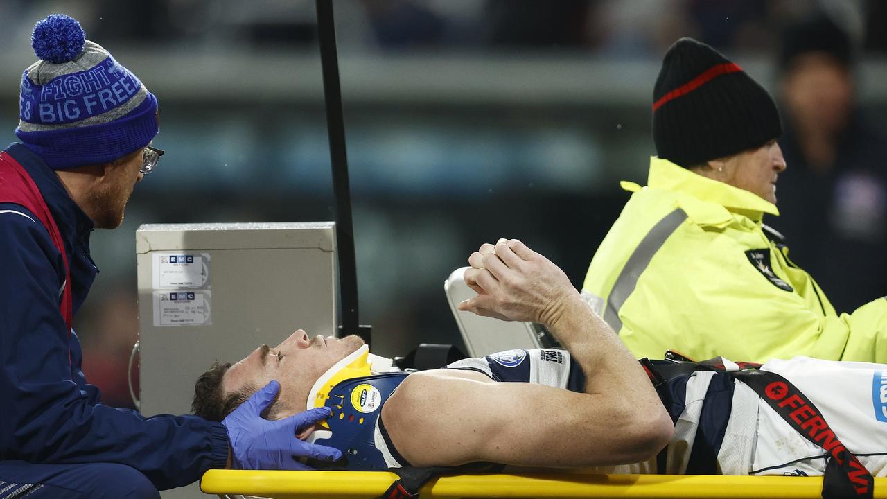 Cameron was stretchered off in harrowing scenes at Kardinia Park. (Photo by Daniel Pockett/Getty Images)