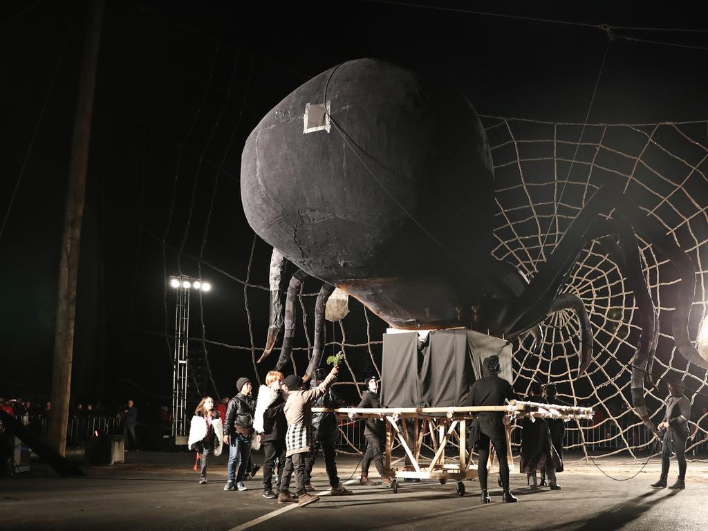 The cave spider Ogoh-Ogoh is prepared before being set alight at The Burning at Dark Park. Picture: LUKE BOWDEN