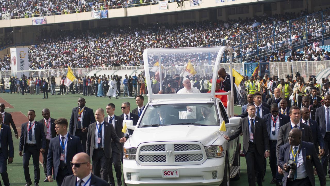 The popemobile’s design enables the Pope to be visible to wellwishers while keeping him safe. Picture: AP Photo/Samy Ntumba Shambuyi/file