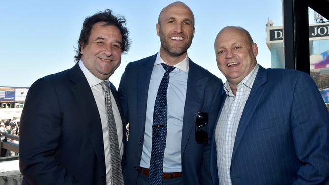 Mick Molloy, Chris Judd, and Bill Brownless at Caulfield Guineas Day. Picture: Jay Town