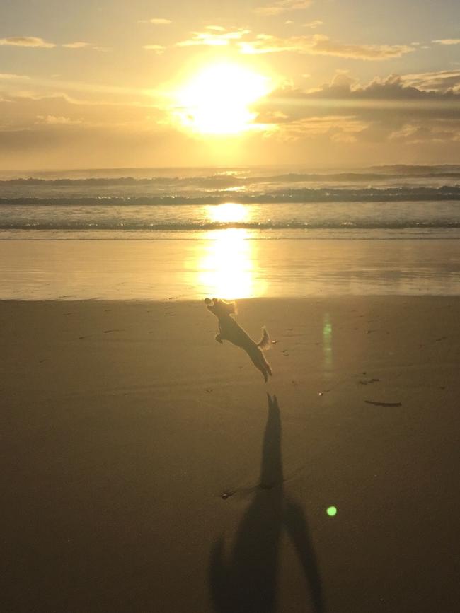 AZIA: Catching those sunrise feels! Azia jumps for joy on the gorgeous Casuarina Beach.
