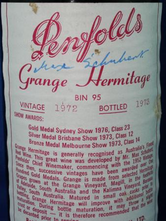 A bottle of the 1972 Grange signed by winemaker Max Schubert. Picture: HWT Library.