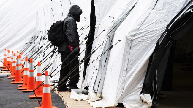 The national guard has built a makeshift morgue outside New York’s Bellevue Hospital. Picture: AFP