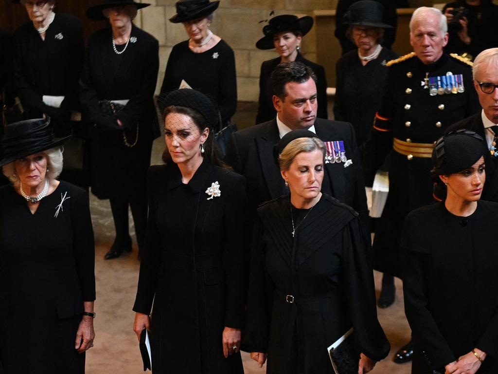 Camilla, Queen Consort, Kate, Princess of Wales, Sophie, Countess of Wessex and Meghan, Duchess of Sussex attend a service for the reception of Queen Elizabeth II's coffin at Westminster Hall. Picture: AFP.