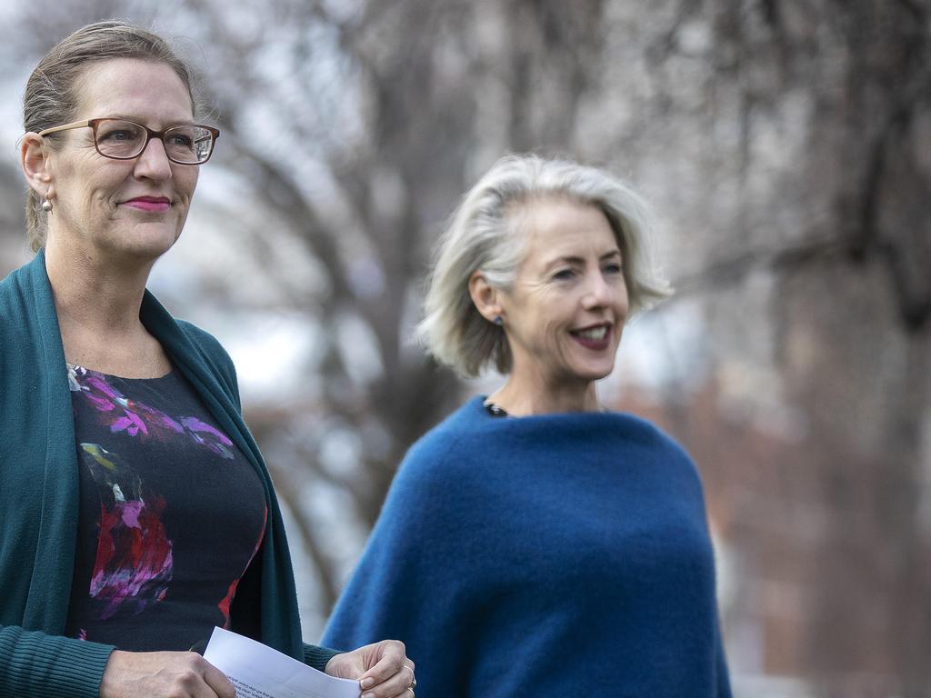 Greens leader Cassie O'Connor and Rosalie Woodruff. Picture: Chris Kidd