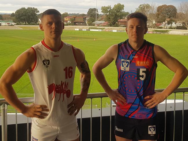 Northern's Tynan Smith and Coburg's Ryan Exon prepare for the Battle of Bell St. Picture: Ben Higgins