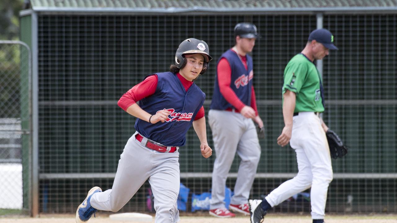 Cody Luchterhand running between bases for Rangers against Narangba last Sunday at Commonwealth Oval. Picture: Nev Madsen