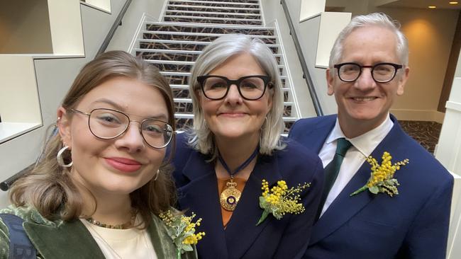 Governor-General Sam Mostyn with husband Simeon Beckett and daughter Lotte, 24, at her swearing in.