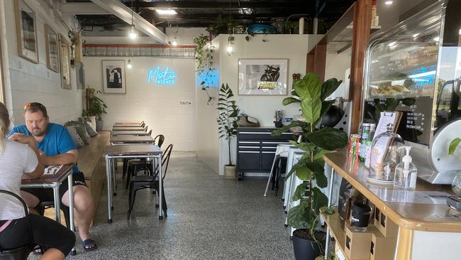 The indoor dining area at Espresso Moto in Mermaid Waters.