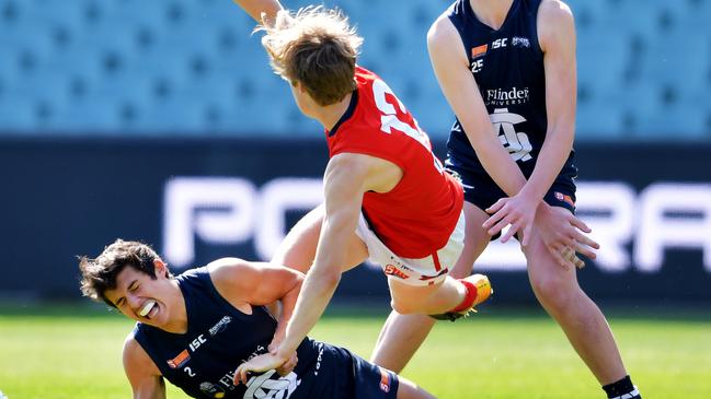 South’s Hayden Sampson brings down Norwood’s Dylan Stephens during the U18s 2018 Preliminary Final. Picture: AAP/Mark Brake