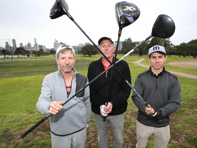 HOLD FOR MONDAY. Albert park golfers who are worried the government will cut their course in half. Club members Ashley Sievwright,  Barry Riordan and Jay Ting united in saving their golf course.      Picture: David Caird