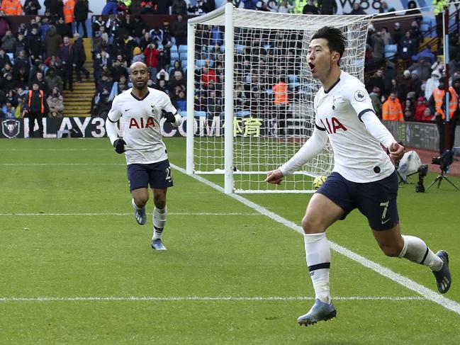 Tottenham Hotspur's Son Heung-min celebrates scoring against Aston Villa during the English Premier League soccer match at Villa Park, Birmingham, England, Sunday Feb. 16, 2020. (Nick Potts/PA via AP)