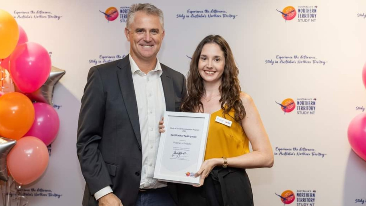 Argentinian Study NT 2023 ambassador Victoria Vydra and Minister Joel Bowden. Picture: Helen Orr