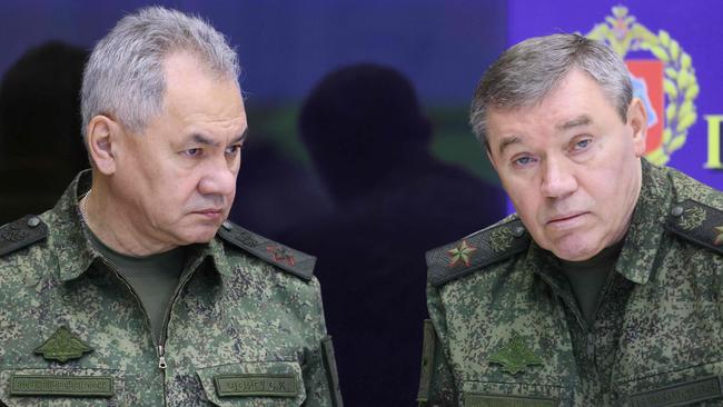 Prigozhin has repeatedly blamed Defence Minister Sergei Shoigu (left) and Valery Gerasimov (right) for his fighters’ deaths. Picture: Sergei Guneyev/AFP