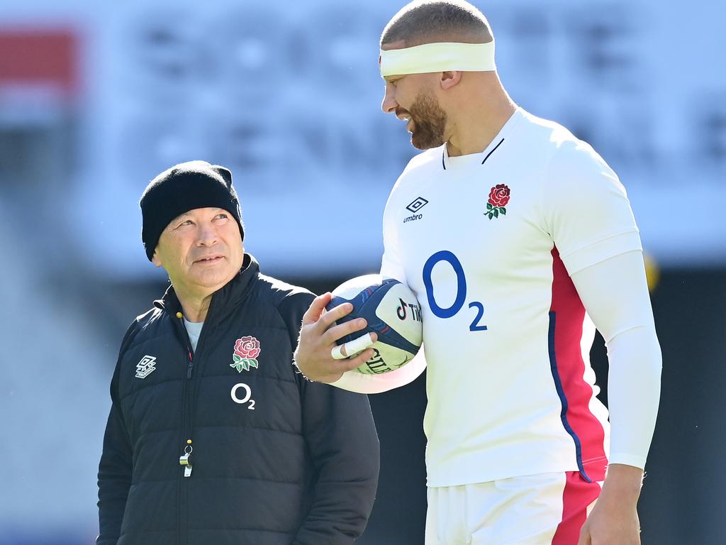 Eddie Jones with Nick Isiekwe during England’s Captain's Run at Stade de France this month. Picture: Dan Mullan/Getty Images