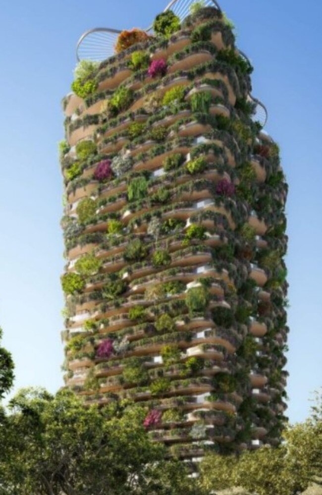 The distinctive, shaggy-looking tower covered with greenery.