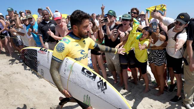 Filipe Toledo of Brazil enters the water for the final heat against Straddie’s Ethan Ewing in the 2023 Rip Curl WSL Finals at Lower Trestles on September 09. Picture: Getty Images