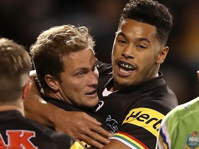 BATHURST, AUSTRALIA - JUNE 10:  Matt Moylan and Waqa Blake of the Panthers celebrate Matt Moylan scoring a try during the round 14 NRL match between the Penrith Panthers and the Canberra Raiders at Carrington Park on June 10, 2017 in Bathurst, Australia.  (Photo by Mark Kolbe/Getty Images)