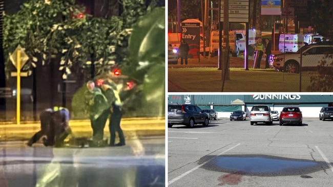 Clockwise from main: Police stand over the teen following the fatal confrontation; the immediate aftermath; and blood on the ground outside the Willetton Bunnings store in Perth on Sunday