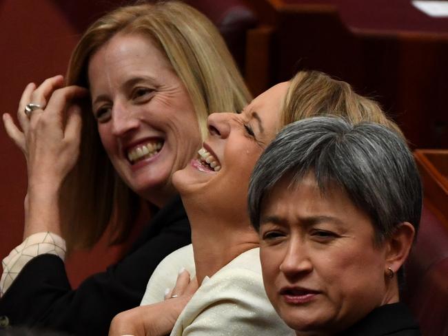 Senator Katy Gallagher (left) Senator Kristina Keneally and Senator Penny Wong in the Senate, July 2019. Their feud with Labor’s Kimberley Kitching came to light after Kitching’s death, and was weaponised against Labor. Picture: AAP