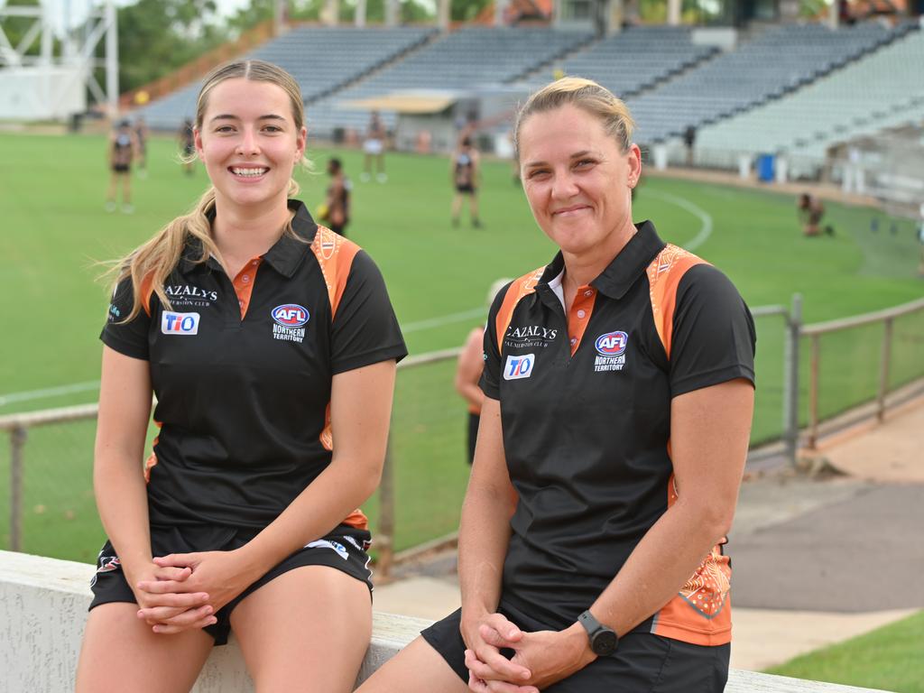 The NTFL rep team training ahead of their game against Woodville West Torrens. Captains Bella Clarke and Lisa Roberts. Picture: Julianne Osborne