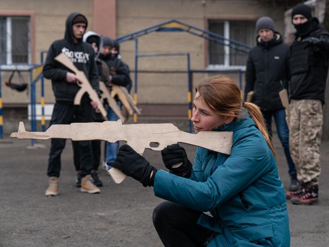 A woman takes part in a basic military training session in Ivano-Frankivsk, Ukraine. Picture: Getty