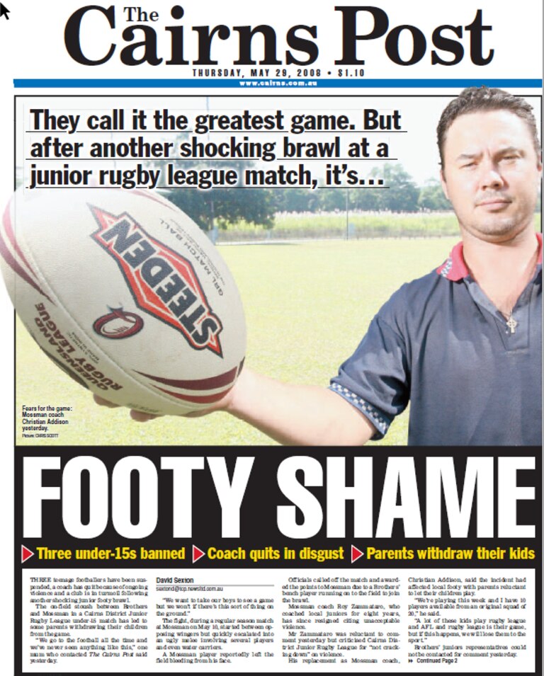 Cairns Post front page on May 29, 2008, featuring new Mossman coach Christian Addison.