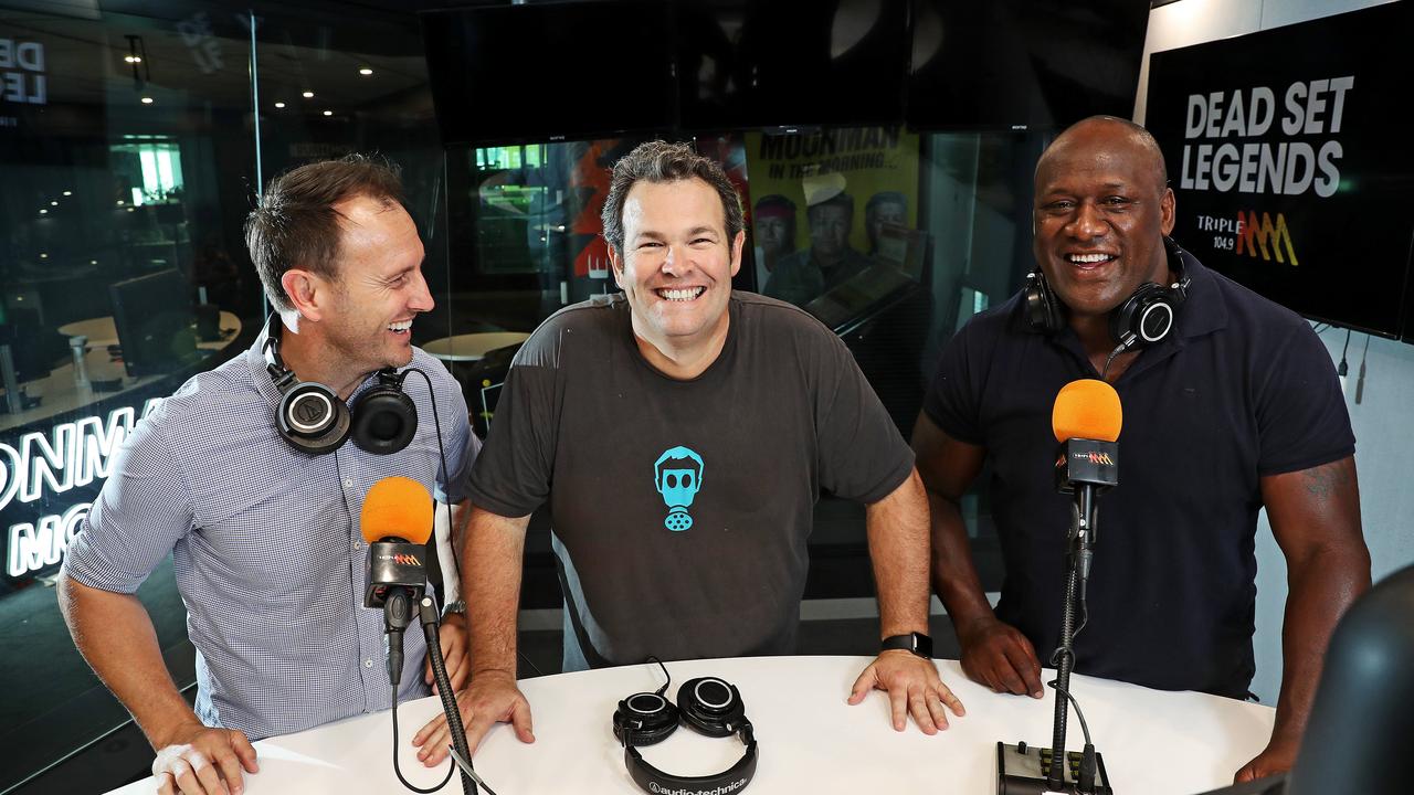 Sailor with Jude Bolton (left) and Gus Worland on Triple M. Picture: Tim Hunter.