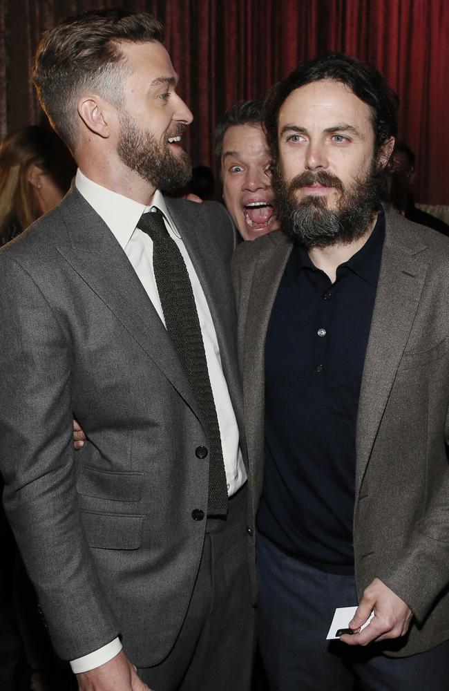 Matt Damon photo bombs Justin Timberlake and Casey Affleck at the 89th Annual Academy Awards Nominee Luncheon at The Beverly Hilton Hotel on February 6, 2017 in Beverly Hills, California. Picture: AP