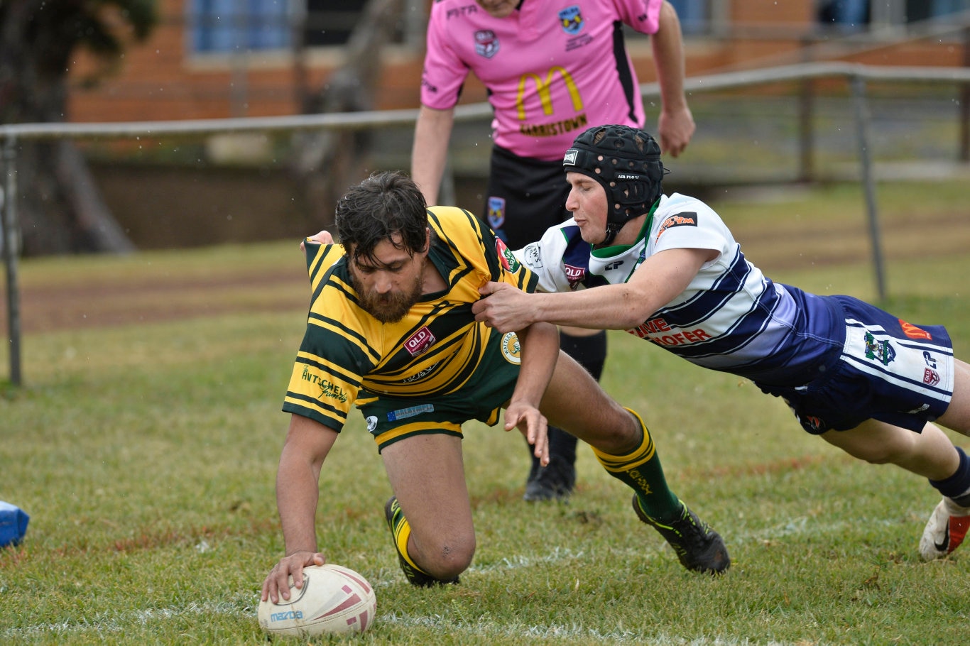 Michael Marshall goes over to try for Wattles against Brothers in TRL Premiership round nine rugby league at Glenholme Park, Sunday, June 2, 2019. Picture: Kevin Farmer