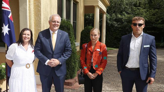 CANBERRA, AUSTRALIA NewsWire Photos JANUARY 25, 2022: Prime Minister Scott Morrison and his wife Jenny with Grace Tame, who appeared to be uncomfortable with the meeting. The PM spoke with at the 2022 Australian of the Year Finalists Morning Tea, at the Lodge in Canberra. Picture: NCA NewsWire / Gary Ramage