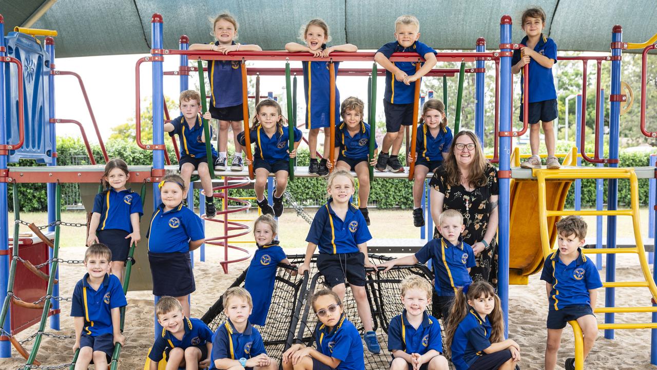 MY FIRST YEAR 2024: Pittsworth State School Prep B (from left, on bridge) Toby, Carly, Ryley, Hadley, Flynn, Hudson, Olivia and Laynie and (front, from left) Rory, Millie, Erin, Cruz, Flynn, Kendal, Miamee, Christopher, Liam, Elliot, Miss Byrne, Jasmine and Charlie, Tuesday, February 27, 2024. Picture: Kevin Farmer