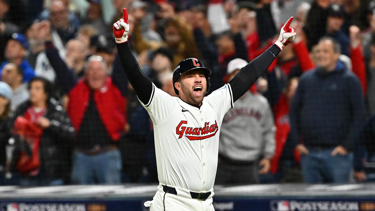 CLEVELAND, OHIO - OCTOBER 17: David Fry #6 of the Cleveland Guardians celebrates hitting a two run home run. (Photo by Jason Miller / GETTY IMAGES NORTH AMERICA / Getty Images via AFP)