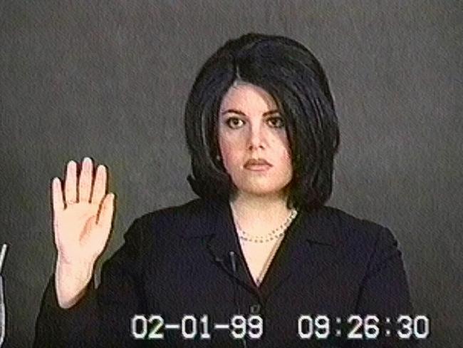 Former White House intern Monica Lewinsky being sworn in during her videotaped deposition in the impeachment trial of President Bill Clinton in 1999.