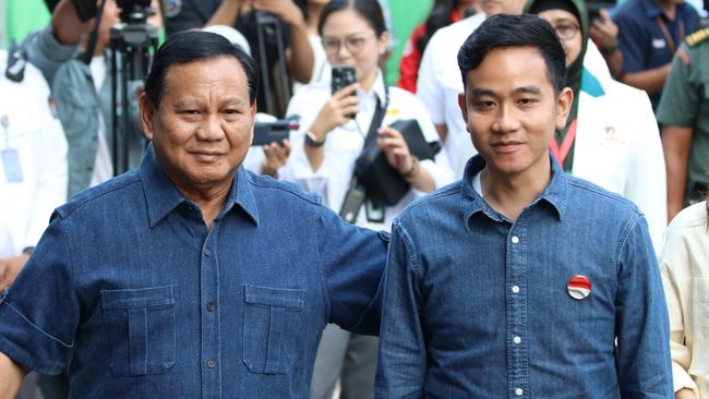 Prabowo Subianto and Gibran Rakabuming Raka arrive at the Gatot Subroto hospital for a health check following their candidacy in Jakarta in October, 2023. Picture: AFP