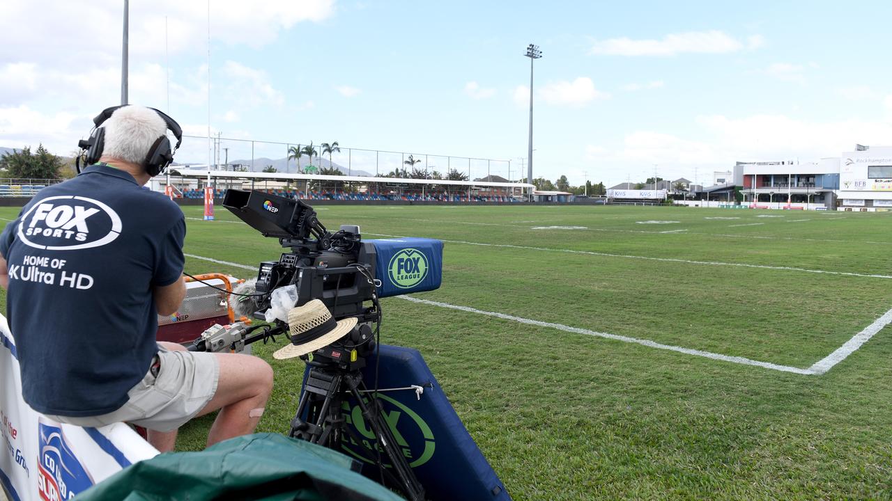 Broadcasters at Browne Park Rockhampton following the cancellation. Picture: NRL Photos