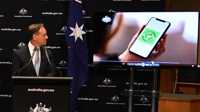 Minister Health Greg Hunt at a press conference to launch the new government app ‘CovidSafe’. Picture: Mick Tsikas