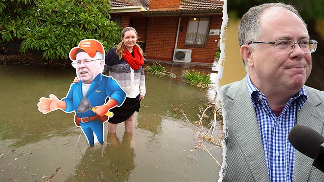 Chelsea Pister in her flooded Pennington garden with our cut-out water minister, Substitute Ian Hunter, and (inset) Real Ian Hunter. Picture: Tait Schmaal