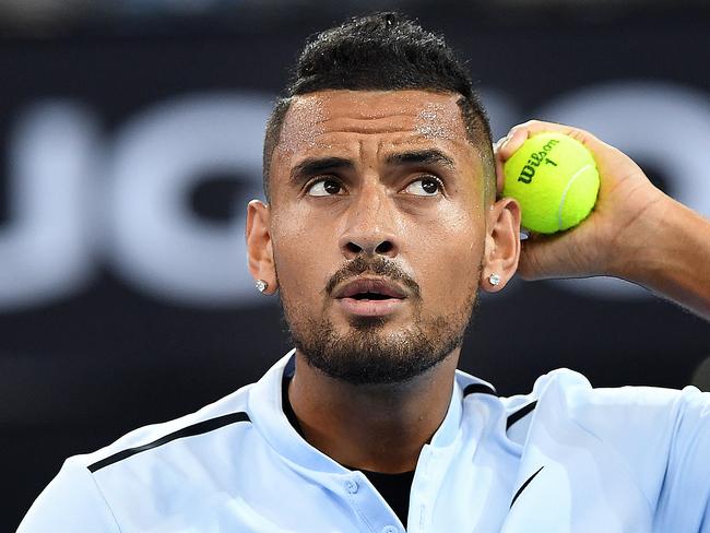 Nick Kyrgios of Australia looks on during his second round match against Matthew Ebden of Australia at the Brisbane International Tennis Tournament in Brisbane, Wednesday, January 3, 2018. (AAP Image/Dave Hunt) NO ARCHIVING, EDITORIAL USE ONLY