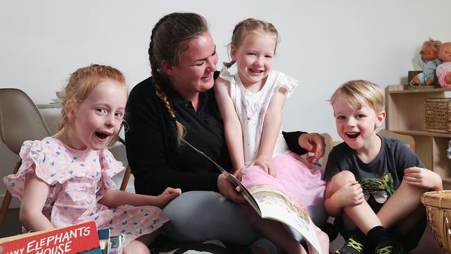 L-R Estelle Parkinson 5, Meg Free educator with Millicent Wedd 5 and Tom Ribbon 4 at Lady Gowrie Tasmania Integrated Centre for Children and Families at South Hobart. Picture: NIKKI DAVIS-JONES